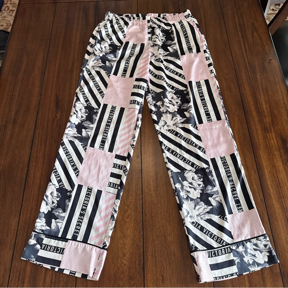 Victoria's Secret Glazed Satin Pajama Set Pink White‎ Black Floral Geometric Sm